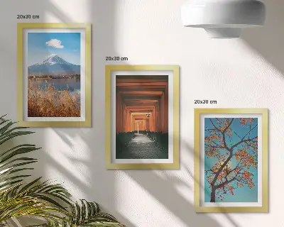 Įrėmintų paveikslų rinkinys japonijos peizažai su azijos gamta ir architektūra