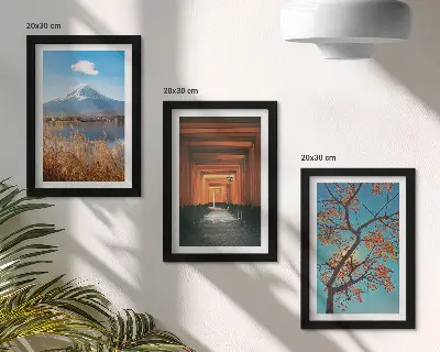 Įrėmintų paveikslų rinkinys japonijos peizažai su azijos gamta ir architektūra