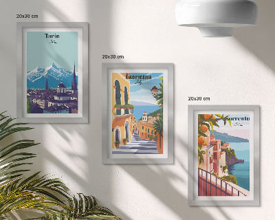 3 paveikslų rinkinys su rėmais Spalvingi, retro stiliaus iliustratyvūs miesto peizažai