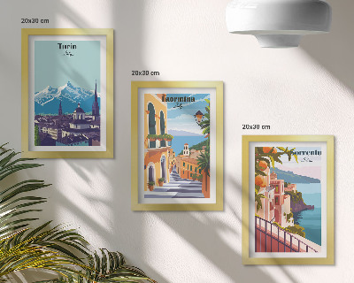3 paveikslų rinkinys su rėmais Spalvingi, retro stiliaus iliustratyvūs miesto peizažai