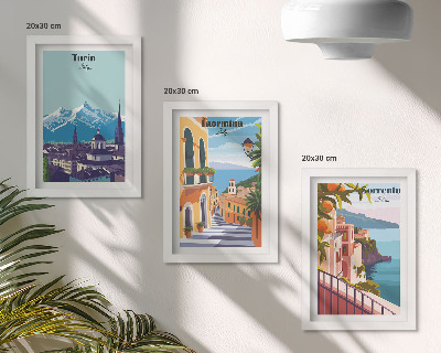 3 paveikslų rinkinys su rėmais Spalvingi, retro stiliaus iliustratyvūs miesto peizažai