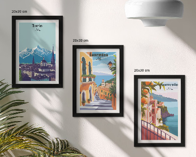 3 paveikslų rinkinys su rėmais Spalvingi, retro stiliaus iliustratyvūs miesto peizažai
