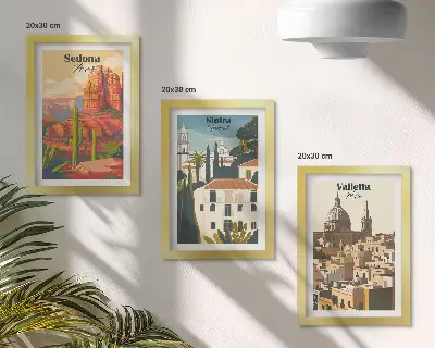 Įrėmintų paveikslų rinkinys su Sedonos ir Sintros Valetos retro miesto peizažais