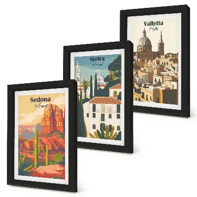 Įrėmintų paveikslų rinkinys su Sedonos ir Sintros Valetos retro miesto peizažais