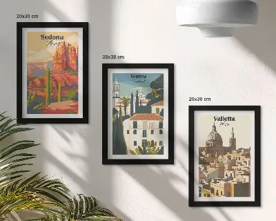 Įrėmintų paveikslų rinkinys su Sedonos ir Sintros Valetos retro miesto peizažais
