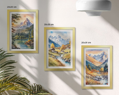 3 paveikslų rinkinys su rėmais Kalnų peizažas su upe ir rudens spalvų nameliais