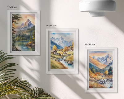 3 paveikslų rinkinys su rėmais Kalnų peizažas su upe ir rudens spalvų nameliais