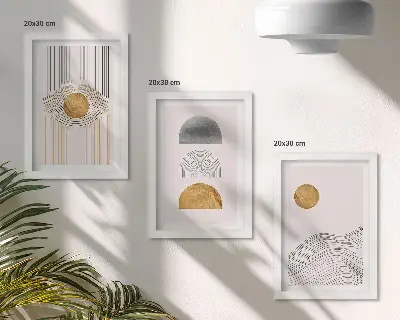 Įrėmintų paveikslų rinkinys abstrakčios formos ir linijos smėlio bei pilkos spalvos atspalviais