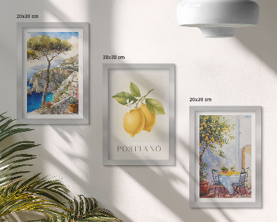 Įrėmintų paveikslų rinkinys Positano vaizdai su saulėje žydinčiais citrinmedžiais