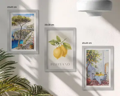 Įrėmintų paveikslų rinkinys su Positano vaizdais ir žydinčiais citrinmedžiais