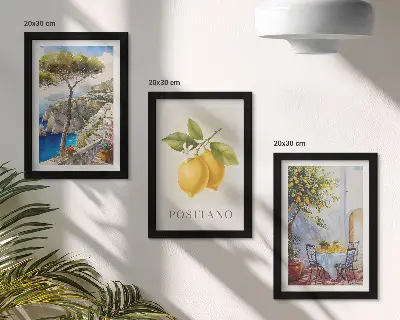 Įrėmintų paveikslų rinkinys su Positano vaizdais ir žydinčiais citrinmedžiais