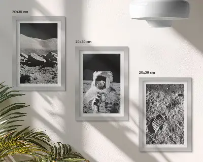 Įrėmintų paveikslų rinkinys su mėnulio nuotraukomis, astronautu ir jo pėdsaku