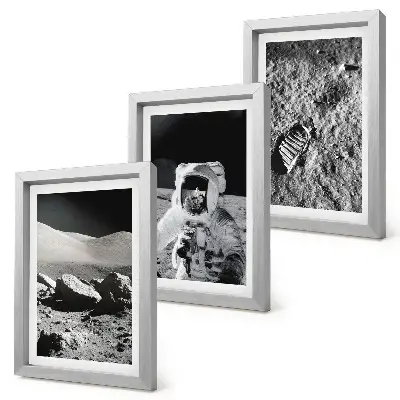 Įrėmintų paveikslų rinkinys su mėnulio nuotraukomis, astronautu ir jo pėdsaku