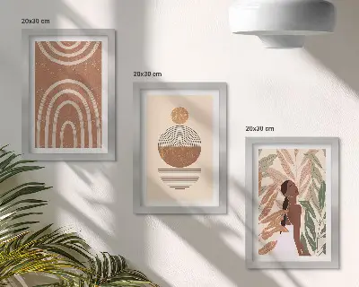 Įrėmintų paveikslų rinkinys su stilingais augalų motyvais ir geometrinėmis figūromis