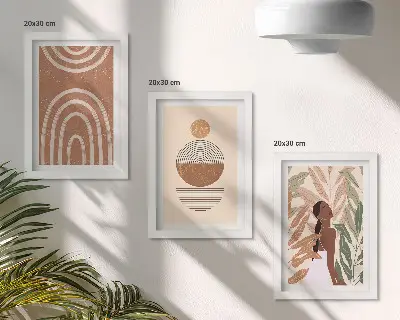 Įrėmintų paveikslų rinkinys su stilingais augalų motyvais ir geometrinėmis figūromis