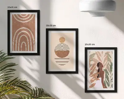 Įrėmintų paveikslų rinkinys su stilingais augalų motyvais ir geometrinėmis figūromis