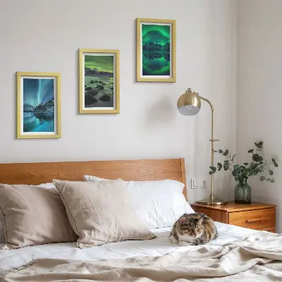 Žiemos peizažas su šiaurės pašvaistėmis ir kalnais 3 paveikslų rinkinys su rėmais