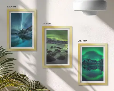 Žiemos peizažas su šiaurės pašvaistėmis ir kalnais 3 paveikslų rinkinys su rėmais