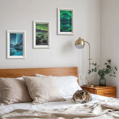 Žiemos peizažas su šiaurės pašvaistėmis ir kalnais 3 paveikslų rinkinys su rėmais