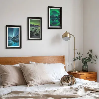 Žiemos peizažas su šiaurės pašvaistėmis ir kalnais 3 paveikslų rinkinys su rėmais