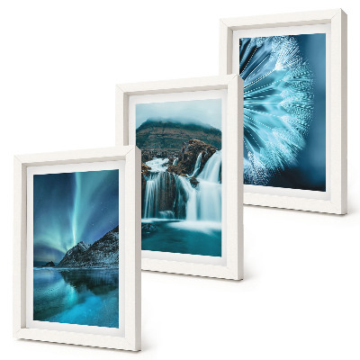 3 paveikslų rinkinys su rėmais Žiemos peizažai su kriokliais ir šiaurės pašvaistėmis