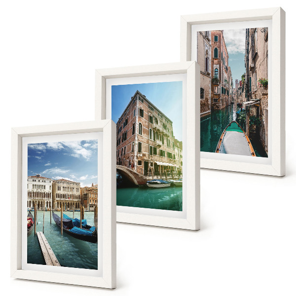 Įrėmintų paveikslų rinkinys Venecijos vaizdai su kanalais ir miesto architektūra