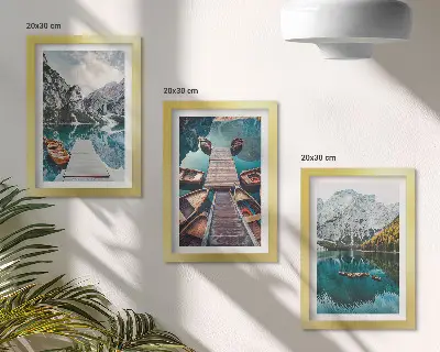 Paveikslų rinkinys su rėmais ežeras su mediniais lieptais ir kalnais (3 dalys)