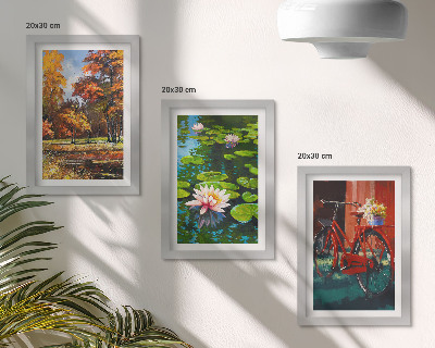 Įrėmintų paveikslų rinkinys Rudens spalvos, lelijų tvenkinys, dviratis terasoje