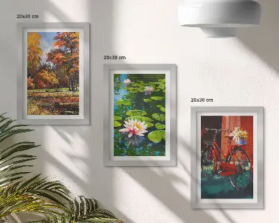 Įrėmintų paveikslų rinkinys rudens spalvų lelijų tvenkinys ir dviratis terasoje