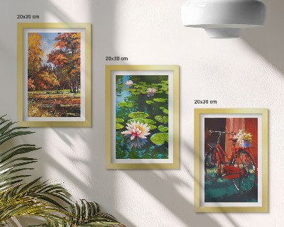 Įrėmintų paveikslų rinkinys Rudens spalvos, lelijų tvenkinys, dviratis terasoje
