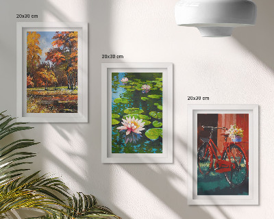Įrėmintų paveikslų rinkinys Rudens spalvos, lelijų tvenkinys, dviratis terasoje