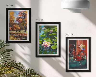 Įrėmintų paveikslų rinkinys Rudens spalvos, lelijų tvenkinys, dviratis terasoje