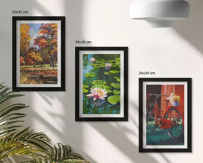 Įrėmintų paveikslų rinkinys rudens spalvų lelijų tvenkinys ir dviratis terasoje