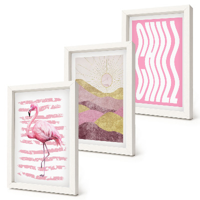 3 paveikslų rinkinys su rėmais Rožinių flamingų pastelinis kalnų peizažas Chill užrašas