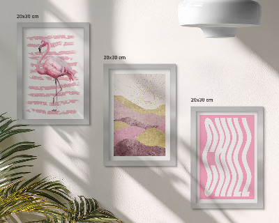 3 paveikslų rinkinys su rėmais Rožinių flamingų pastelinis kalnų peizažas Chill užrašas