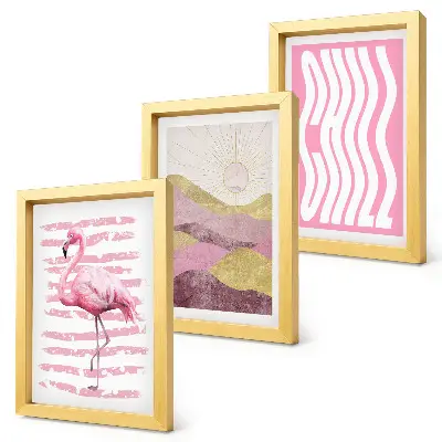 Rinkinys iš 3 paveikslų su rėmais rožinių flamingų ir pastelinių kalnų peizažas su užrašu Chill