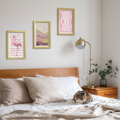 3 paveikslų rinkinys su rėmais Rožinių flamingų pastelinis kalnų peizažas Chill užrašas