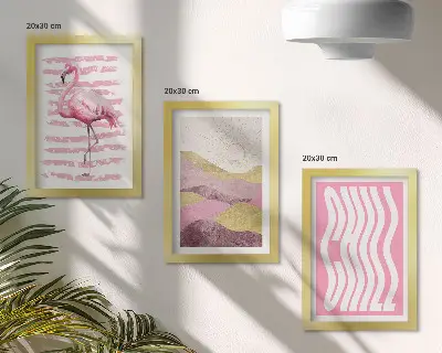 Rinkinys iš 3 paveikslų su rėmais rožinių flamingų ir pastelinių kalnų peizažas su užrašu Chill