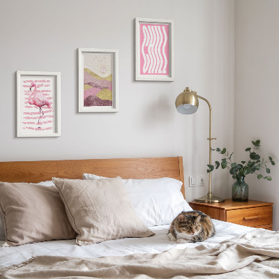 3 paveikslų rinkinys su rėmais Rožinių flamingų pastelinis kalnų peizažas Chill užrašas