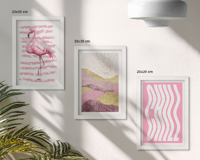 3 paveikslų rinkinys su rėmais Rožinių flamingų pastelinis kalnų peizažas Chill užrašas