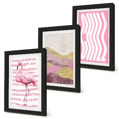 3 paveikslų rinkinys su rėmais Rožinių flamingų pastelinis kalnų peizažas Chill užrašas