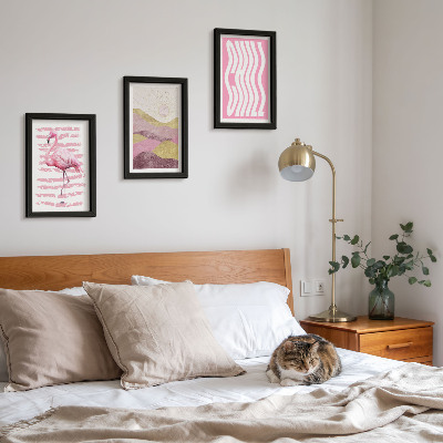 3 paveikslų rinkinys su rėmais Rožinių flamingų pastelinis kalnų peizažas Chill užrašas