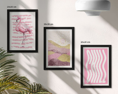 3 paveikslų rinkinys su rėmais Rožinių flamingų pastelinis kalnų peizažas Chill užrašas