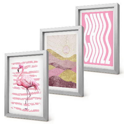 3 paveikslų rinkinys su rėmais Rožinių flamingų pastelinis kalnų peizažas Chill užrašas