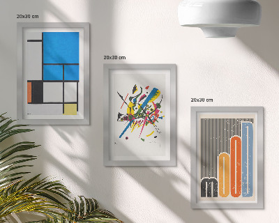 3 paveikslų rinkinys su rėmais Abstrakčios modernios kompozicijos su geometrinėmis figūromis