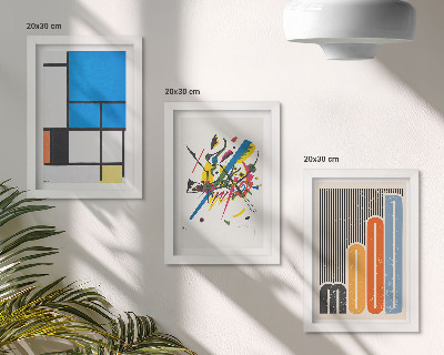 3 paveikslų rinkinys su rėmais Abstrakčios modernios kompozicijos su geometrinėmis figūromis