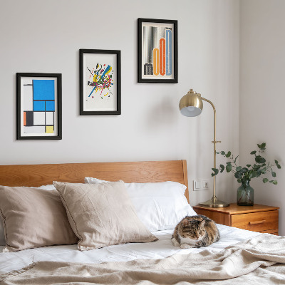 3 paveikslų rinkinys su rėmais Abstrakčios modernios kompozicijos su geometrinėmis figūromis