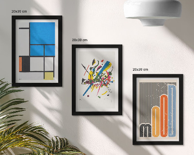 3 paveikslų rinkinys su rėmais Abstrakčios modernios kompozicijos su geometrinėmis figūromis