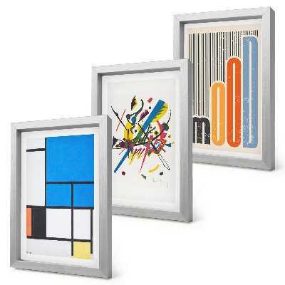 3 paveikslų rinkinys su rėmais Abstrakčios modernios kompozicijos su geometrinėmis figūromis