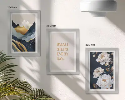 Įrėmintų paveikslų rinkinys abstraktūs kalnų vaizdai su įkvepiančiais užrašais